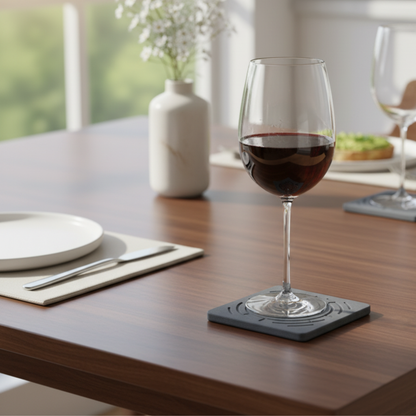Wine glass with red wine on a coaster on a wooden table with a blurred background