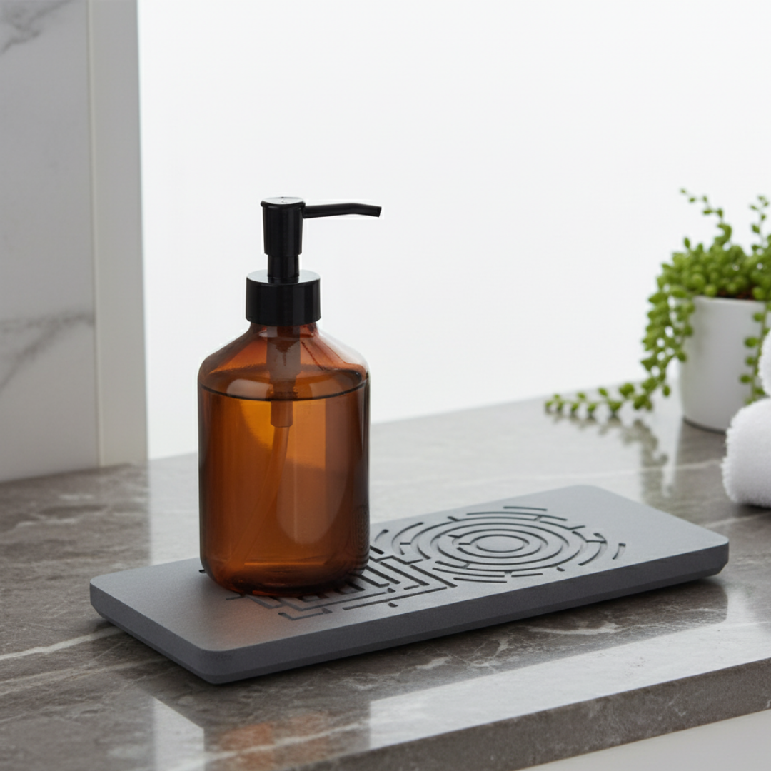 Brown bottle with black pump on a gray stand in a bathroom setting. A wet sponge placed in a stone sink caddy, with water absorbing into the base.

