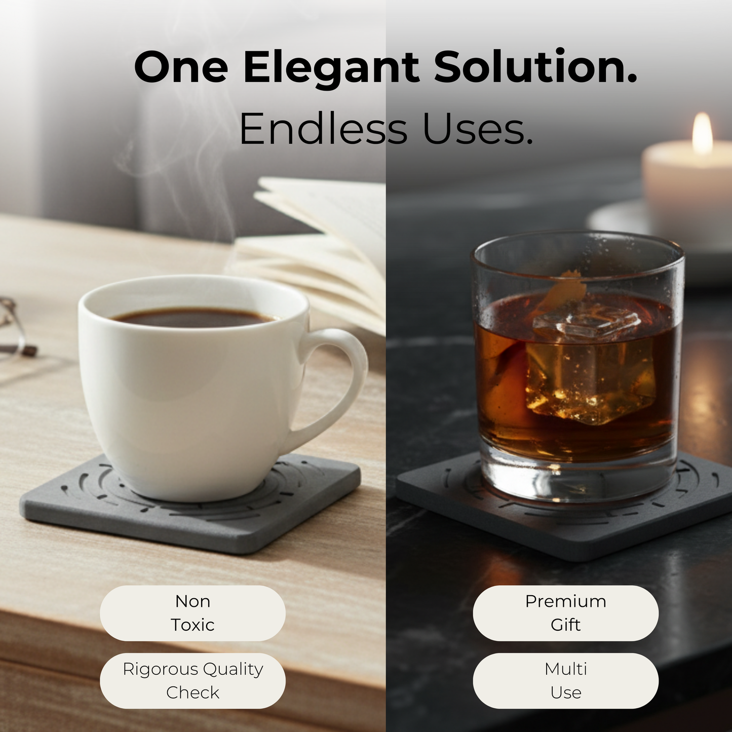 Two images showing a white mug with a coaster and a glass of liquid on a coaster, with text about product features.