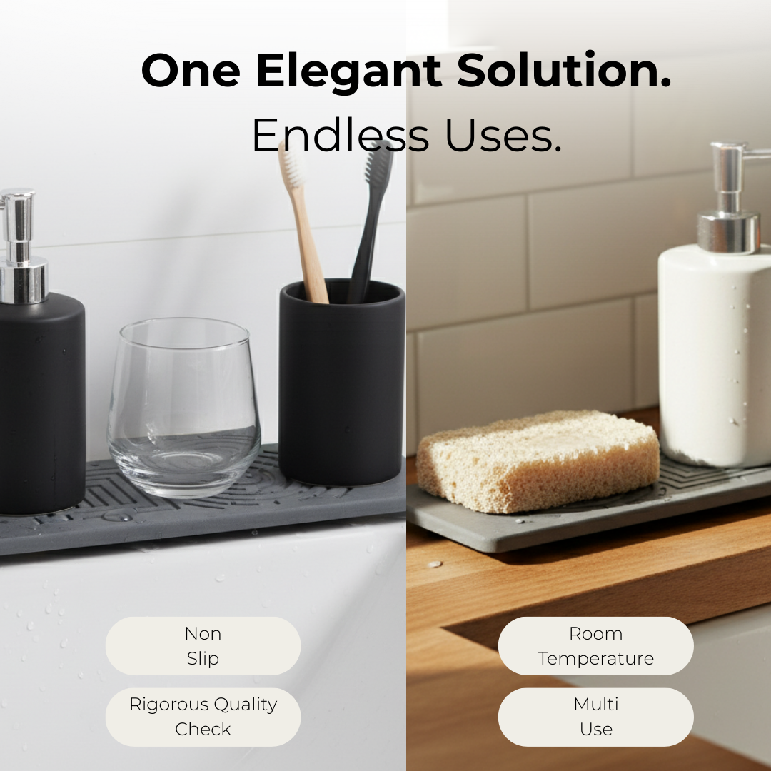 Bathroom counter with various items on a draining board sink caddy, featuring text about product features.