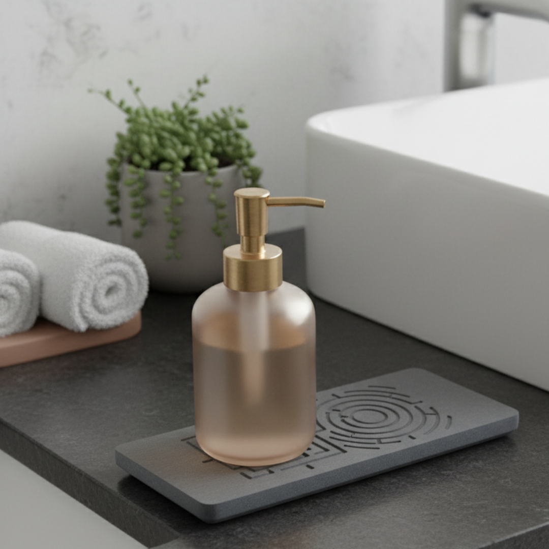 Bathroom setting with a soap dispenser on a gray tray, towels, and a plant. A quick-drying stone sink caddy organizing a modern kitchen sink.


