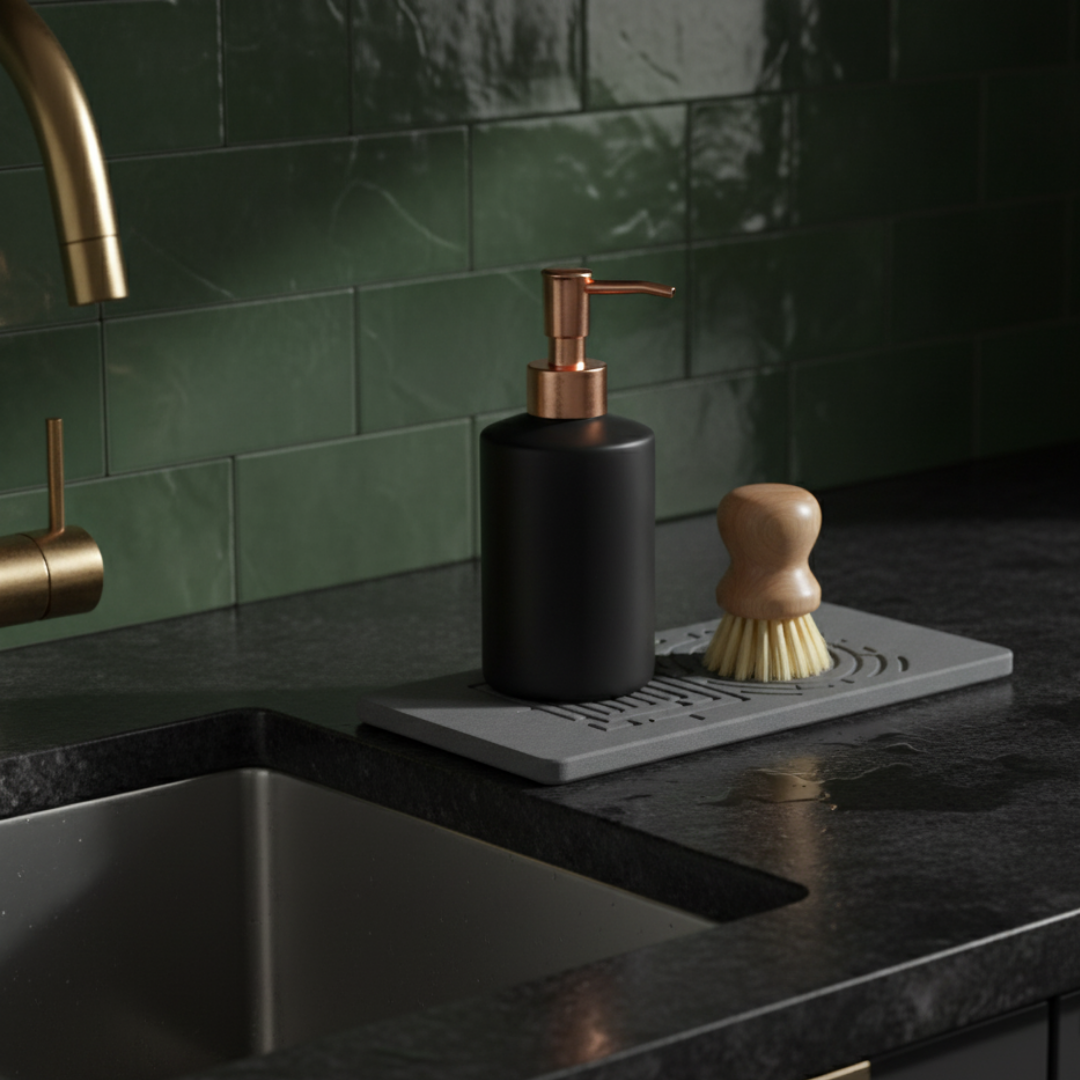 Black soap dispenser and brush on a kitchen counter with green tiles in the background An organized, clutter-free countertop with a diatomaceous earth sink caddy.

