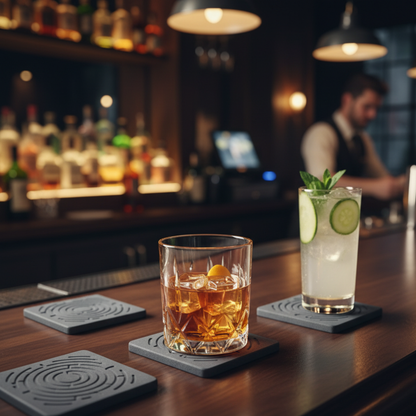 Two cocktails on a bar counter with a blurred bartender in the background A set of four absorbent stone drink coasters on a wooden coffee table.

