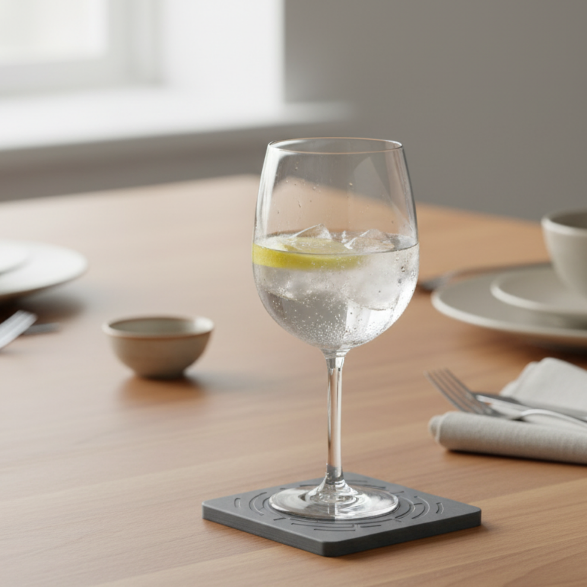 Wine glass with a square coaster on a wooden table with dining setup The Maze Oasis stone coasters preventing water rings on furniture.

