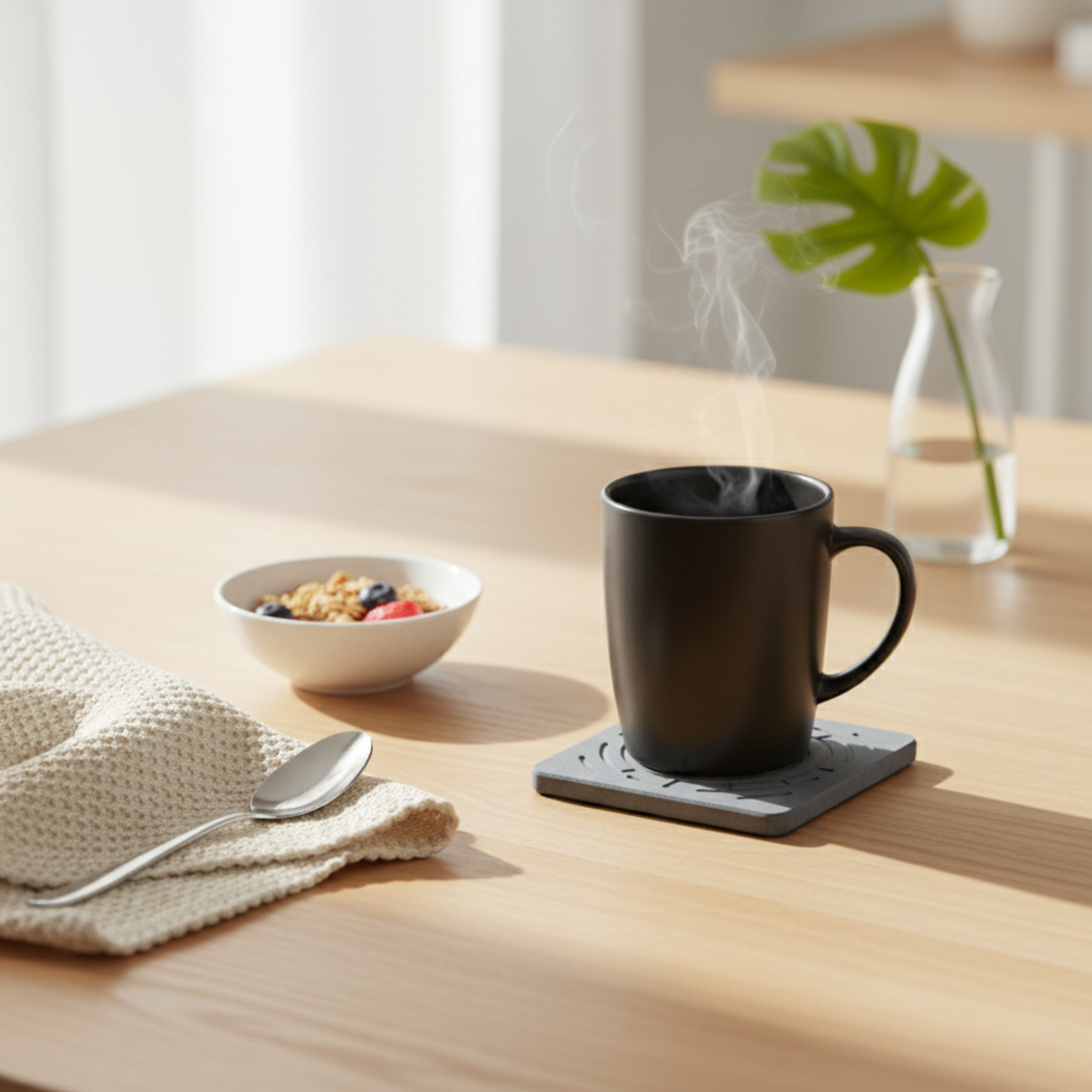 Black mug on a coaster with a bowl of fruit and a plant in the background on a wooden table.