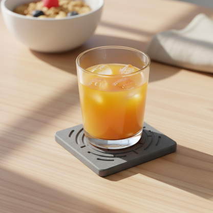 Glass of orange juice with ice on a gray coaster on a wooden table, with a bowl of cereal in the background. A hygienic, easy-to-clean stone coaster for everyday use.

