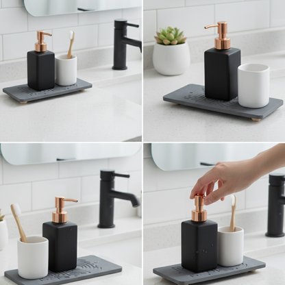 Bathroom setting with black soap dispenser, white cups, and black faucet. Close-up of the absorbent diatomite base of the sink caddy.

