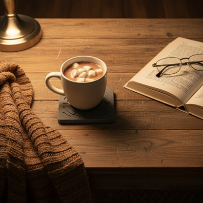 Cup of hot chocolate with marshmallows on a wooden table next to an open book and glasses - Elegant slate gray stone coasters shown in a lifestyle setting.

