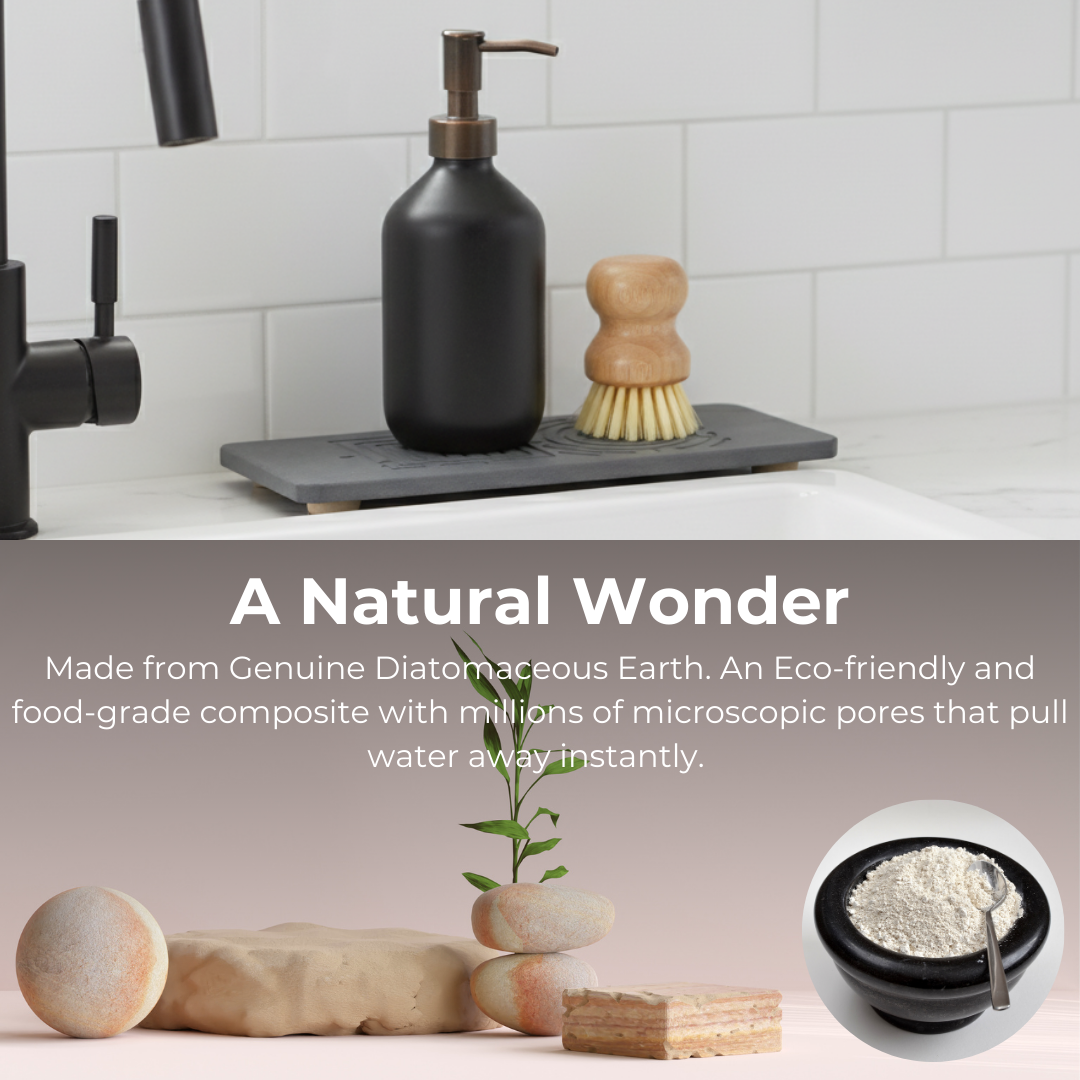 Black soap dispenser, brush, and plant on a kitchen sink with text about natural wonder material.