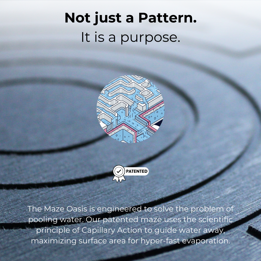 Patented maze design with concentric circles and text about water pooling solution.