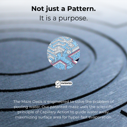 Patented maze design with concentric circles and text about water pooling solution.