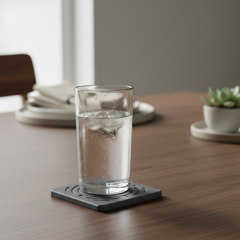 Glass of water on a diatomaceous earth stone coaster on a wooden table with a blurred background