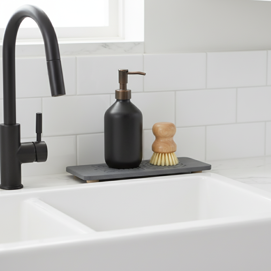 Black kitchen faucet and soap dispenser on a white countertop with a tiled wall background.
