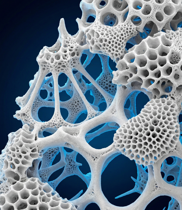 Close-up of a porous material with a blue background