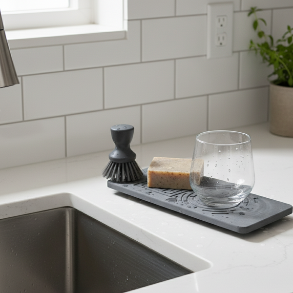 Gray sink caddy with glass, soap, and scrubber on a kitchen counter.