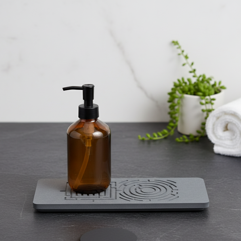 Brown bottle with black pump on a gray stand with a white background