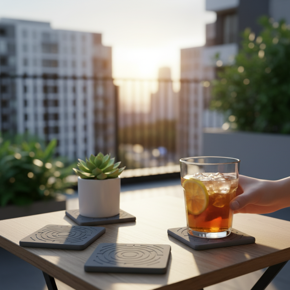 Glass of iced tea on a table with a sunset cityscape in the background