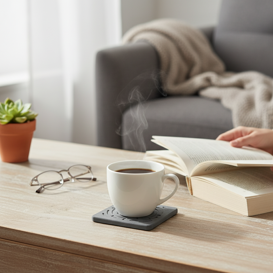 Steaming cup of coffee on an absorbent stone coaster with an open book and glasses on a wooden table, in a cozy living room setting.