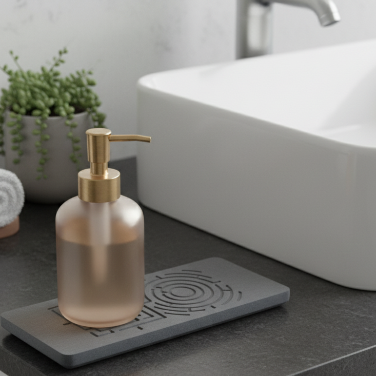 Bathroom counter with a soap dispenser, towels, and a plant with modern kitchen accessories