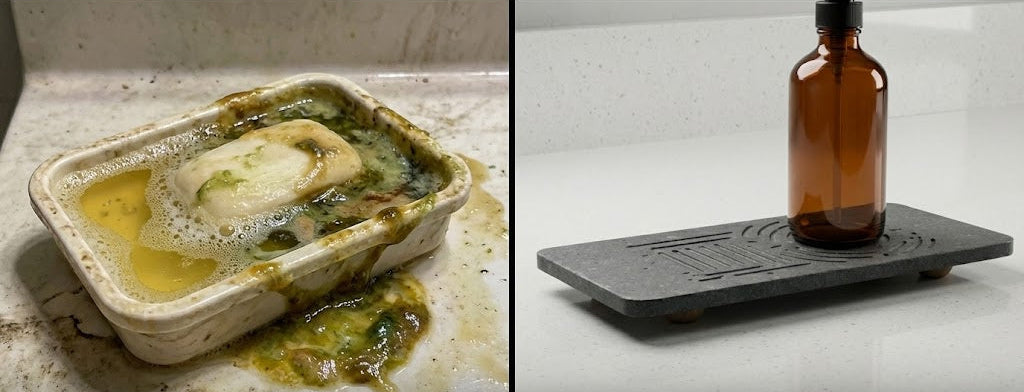 Before and after comparison of a dirty container labeled 'Slime City' and a clean bottle labeled 'Maze Oasis'.